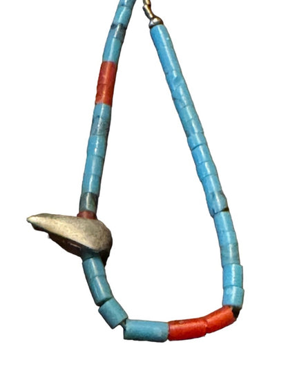 Antique sterling Hand made coral & turquoise necklace with sterling oval…