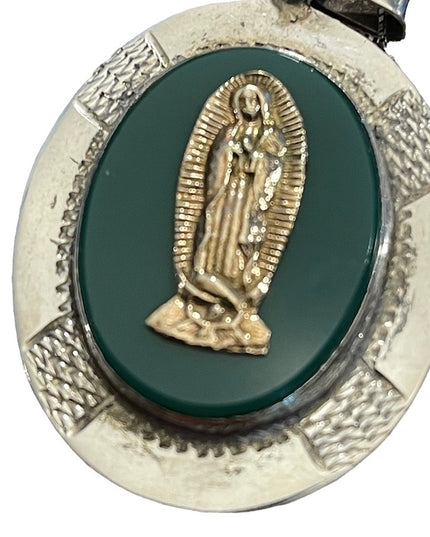 Vintage 1950s Virgin De Guadalupe sterling 925 Green agate necklace pend…