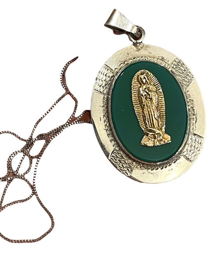 Vintage 1950s Virgin De Guadalupe sterling 925 Green agate necklace pend…