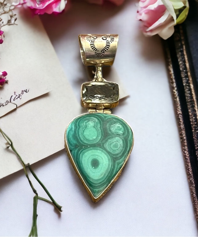 Vintage 1950s Southwestern Malachite aquamarine sterling 925 C CHAMA pen…
