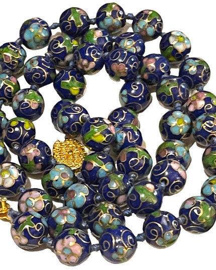 Vintage stunning blue cloissone pink flower metal bead necklace
