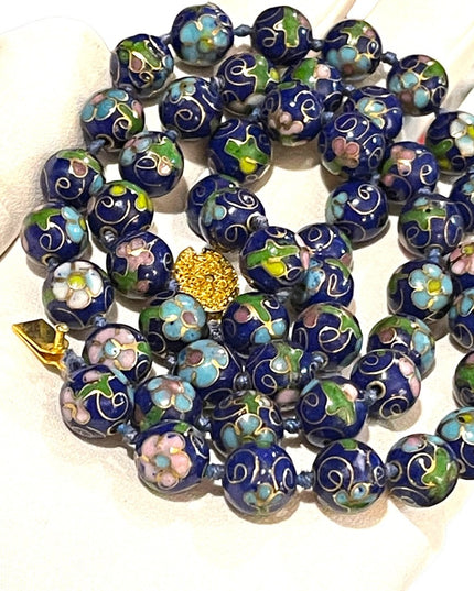 Vintage stunning blue cloissone pink flower metal bead necklace