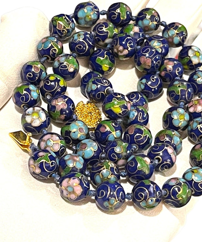 Vintage stunning blue cloissone pink flower metal bead necklace