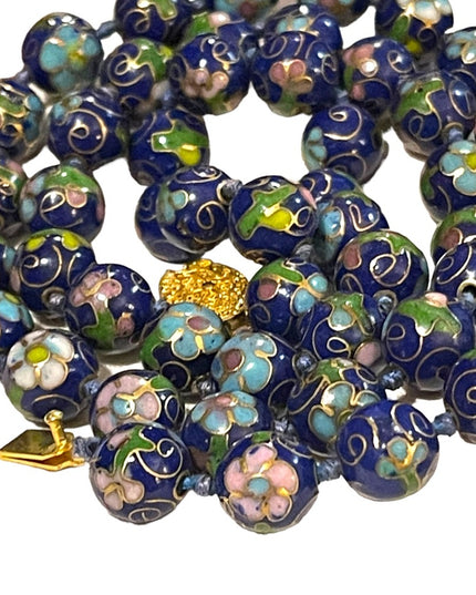 Vintage stunning blue cloissone pink flower metal bead necklace