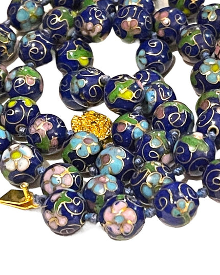 Vintage stunning blue cloissone pink flower metal bead necklace