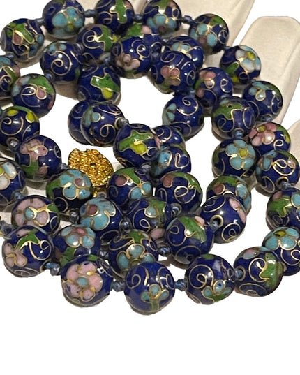 Vintage stunning blue cloissone pink flower metal bead necklace