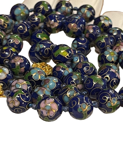 Vintage stunning blue cloissone pink flower metal bead necklace