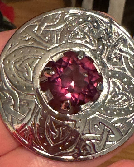 Silver Scottish Celtic Brooch with Purple Crystal LG Kilt pin Vintage