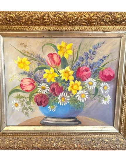 Antique framed Colorful Floral Still Life in Ornate Gold Gilt Wood Frame