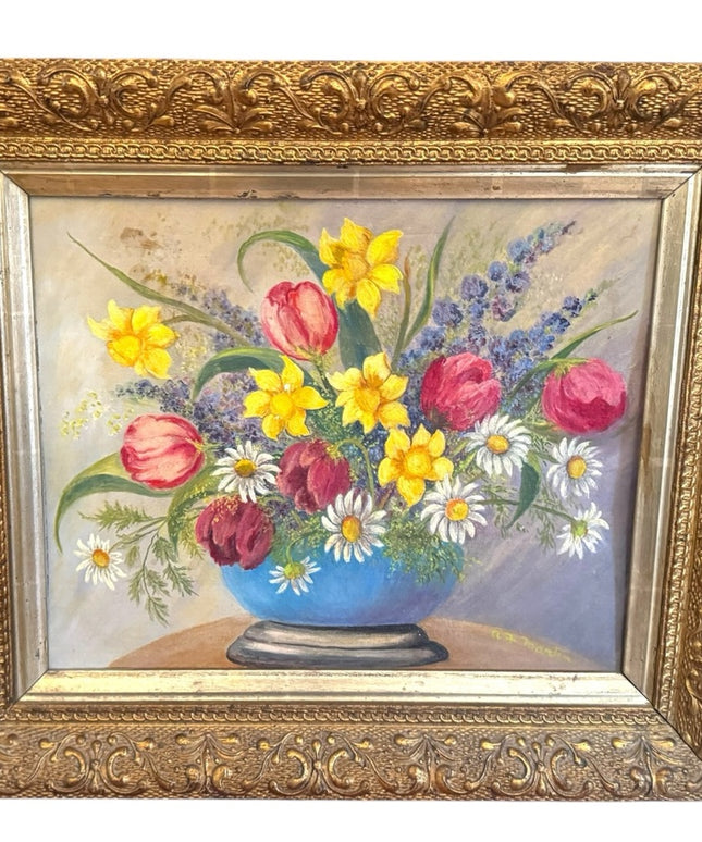 Antique framed Colorful Floral Still Life in Ornate Gold Gilt Wood Frame