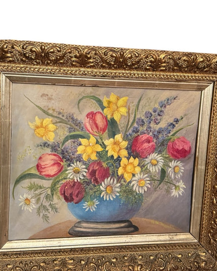 Antique framed Colorful Floral Still Life in Ornate Gold Gilt Wood Frame