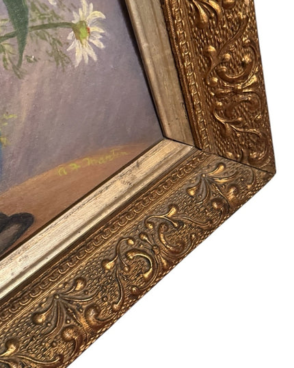 Antique framed Colorful Floral Still Life in Ornate Gold Gilt Wood Frame