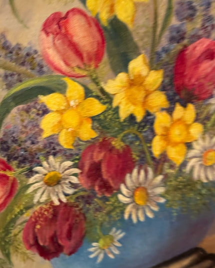 Antique framed Colorful Floral Still Life in Ornate Gold Gilt Wood Frame