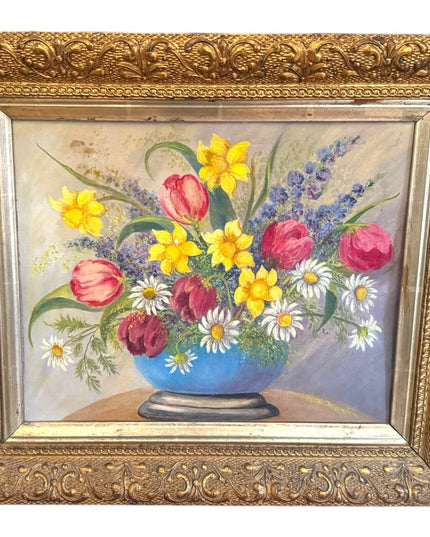 Antique framed Colorful Floral Still Life in Ornate Gold Gilt Wood Frame