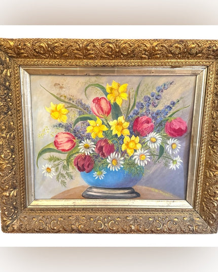 Antique framed Colorful Floral Still Life in Ornate Gold Gilt Wood Frame