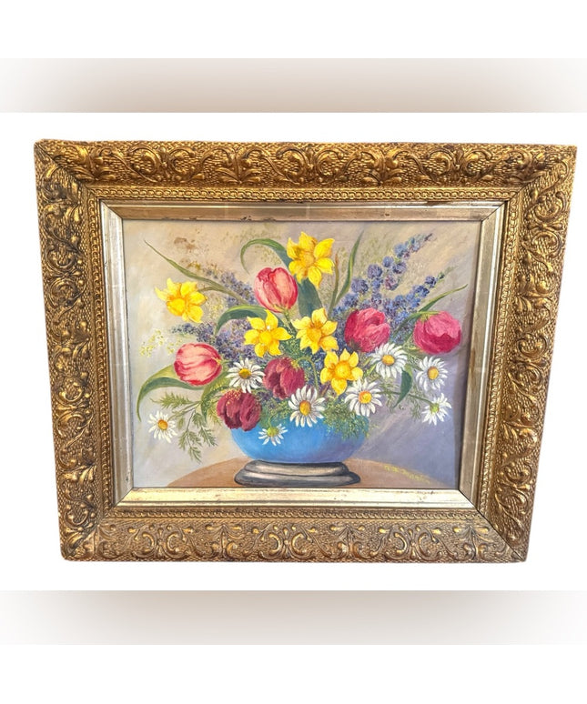 Antique framed Colorful Floral Still Life in Ornate Gold Gilt Wood Frame