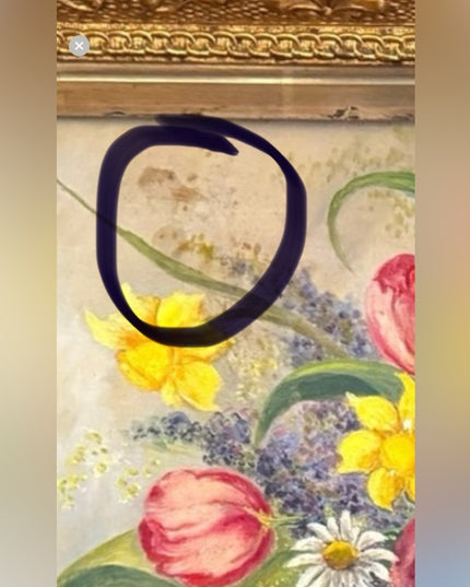 Antique framed Colorful Floral Still Life in Ornate Gold Gilt Wood Frame
