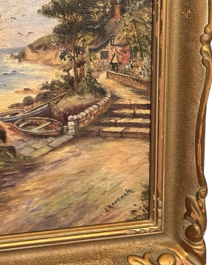 Vintage Landscape signed L Hancock oil cove nautical old wood Framed Painting