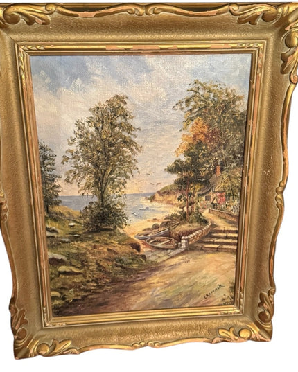 Vintage Landscape signed L Hancock oil cove nautical old wood Framed Painting