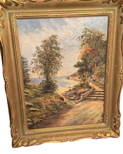 Vintage Landscape signed L Hancock oil cove nautical old wood Framed Painting