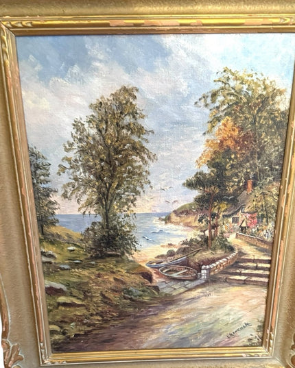 Vintage Landscape signed L Hancock oil cove nautical old wood Framed Painting