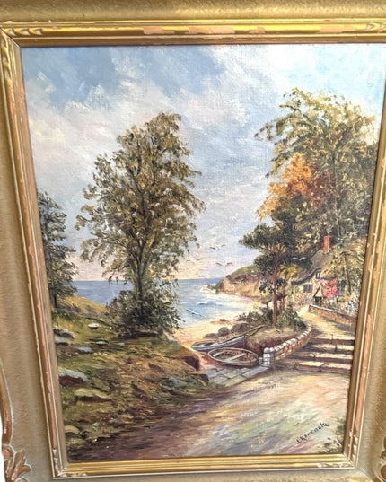 Vintage Landscape signed L Hancock oil cove nautical old wood Framed Painting