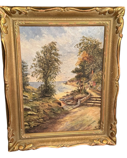 Vintage Landscape signed L Hancock oil cove nautical old wood Framed Painting