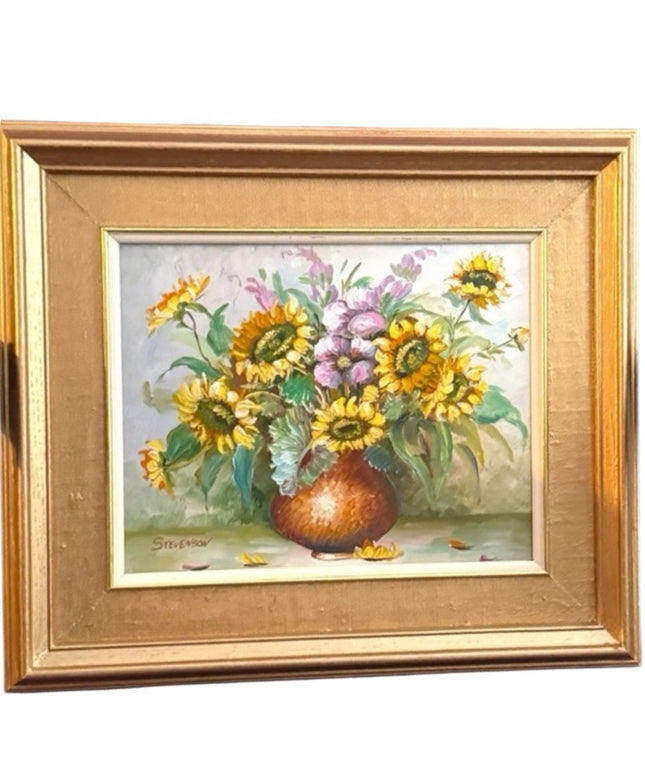 Stevenson Signed Vintage Colorful Sunflower oil Painting board Gold Gilt wood