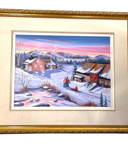 Murielle Hains  signed Oil on Canvas winter scene Painting
