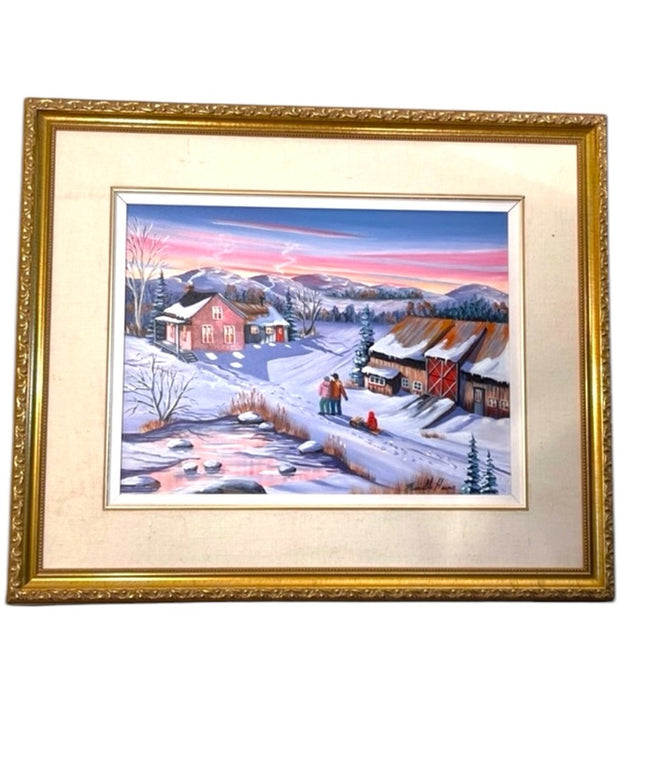 Murielle Hains  signed Oil on Canvas winter scene Painting