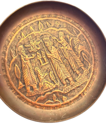 Antique quality  hand tooled Middle Eastern figural engraved copper dish plate