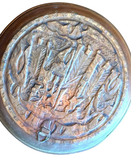 Antique quality  hand tooled Middle Eastern figural engraved copper dish plate