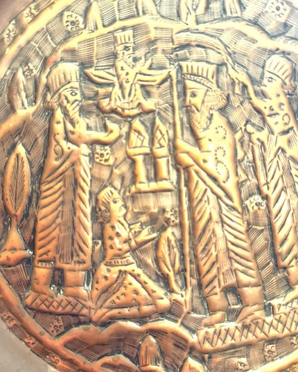 Antique quality  hand tooled Middle Eastern figural engraved copper dish plate