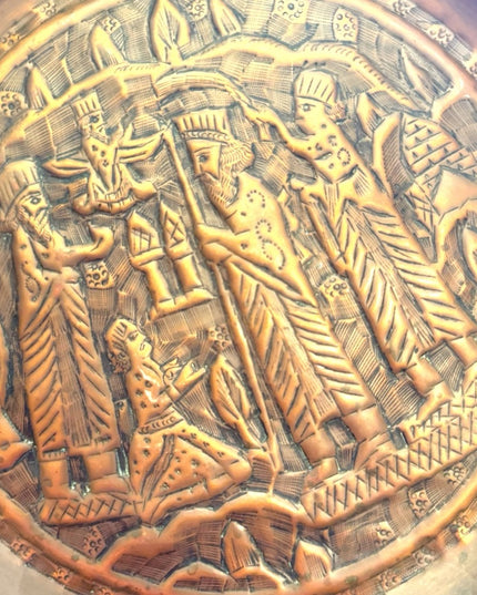 Antique quality  hand tooled Middle Eastern figural engraved copper dish plate