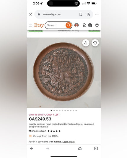 Antique quality  hand tooled Middle Eastern figural engraved copper dish plate