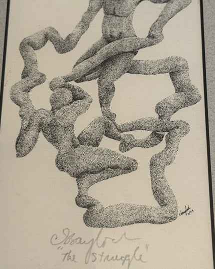 Vintage Abstract Art Print “The Struggle” in Black & white Signed 1989 Modernist