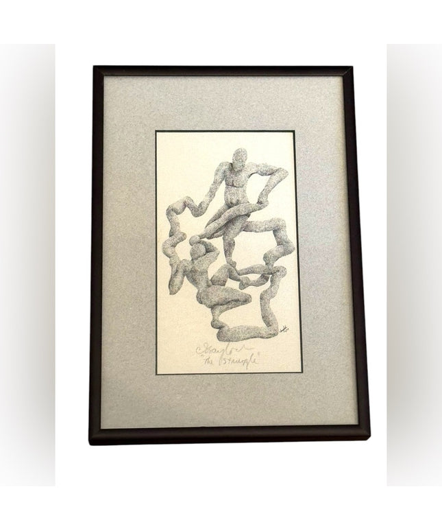Vintage Abstract Art Print “The Struggle” in Black & white Signed 1989 Modernist