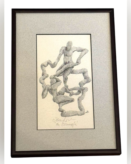 Vintage Abstract Art Print “The Struggle” in Black & white Signed 1989 Modernist