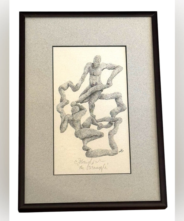 Vintage Abstract Art Print “The Struggle” in Black & white Signed 1989 Modernist