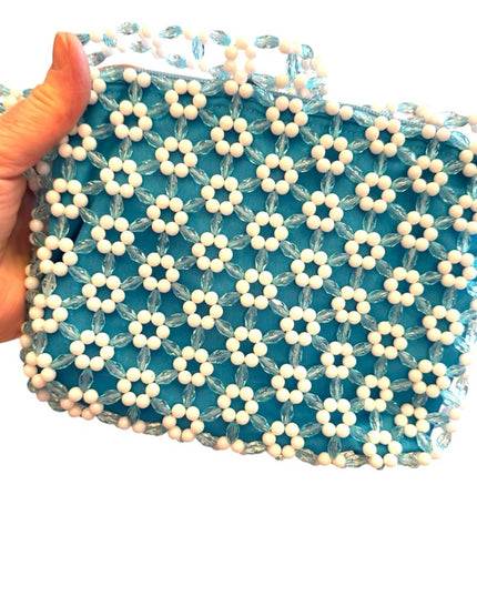 Vintage Summer spring  fun Handmade Blue and White Beaded Floral Bag flowers