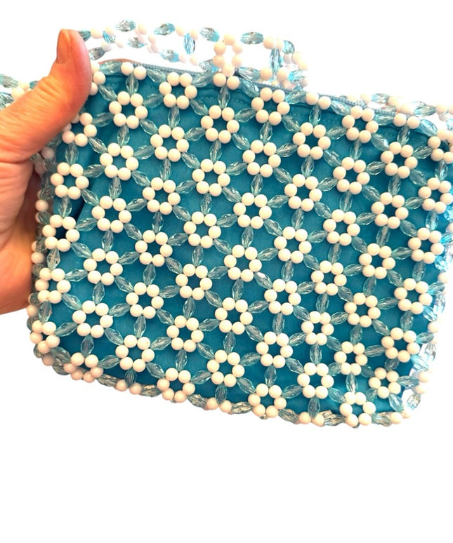 Vintage Summer spring  fun Handmade Blue and White Beaded Floral Bag flowers