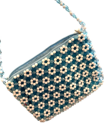 Vintage Summer spring  fun Handmade Blue and White Beaded Floral Bag flowers