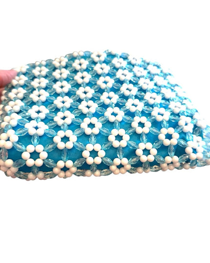 Vintage Summer spring  fun Handmade Blue and White Beaded Floral Bag flowers