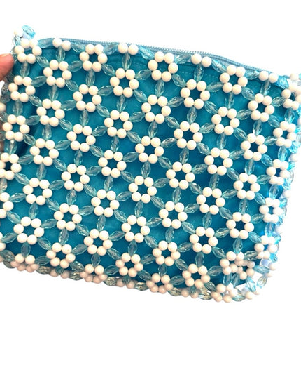 Vintage Summer spring  fun Handmade Blue and White Beaded Floral Bag flowers