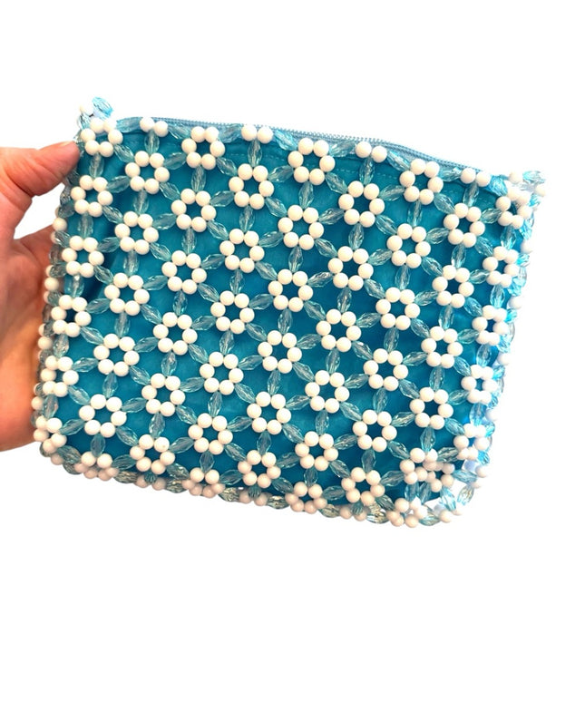 Vintage Summer spring  fun Handmade Blue and White Beaded Floral Bag flowers