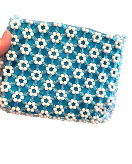 Vintage Summer spring  fun Handmade Blue and White Beaded Floral Bag flowers
