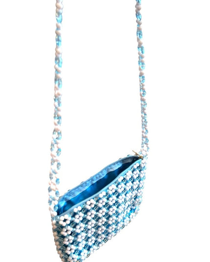 Vintage Summer spring  fun Handmade Blue and White Beaded Floral Bag flowers
