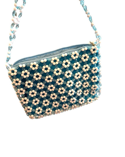 Vintage Summer spring  fun Handmade Blue and White Beaded Floral Bag flowers