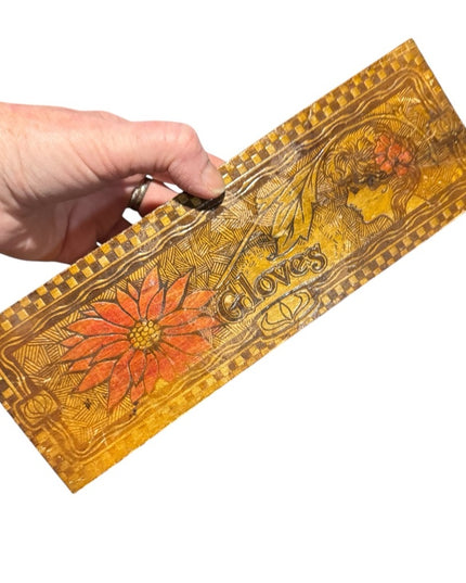 Vintage 1960s Wood Embossed carved painted Gloves Box with Floral Design