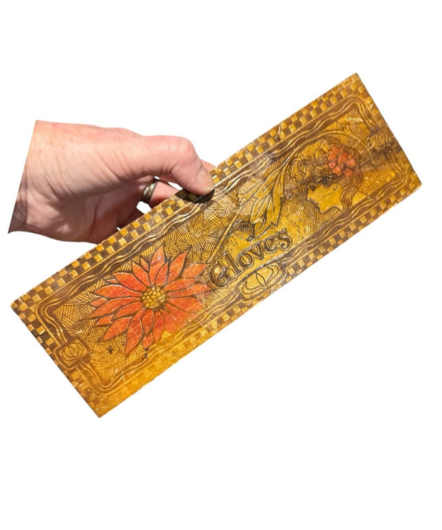 Vintage 1960s Wood Embossed carved painted Gloves Box with Floral Design